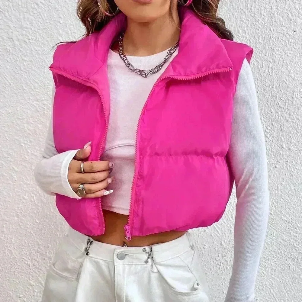 Hot Pink Casual Women's Y2k Zipper Front Vest Padded Coat